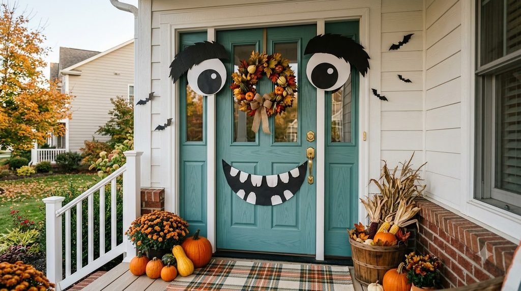 Front door decorated as a DIY Halloween monster with paper eyes and teeth