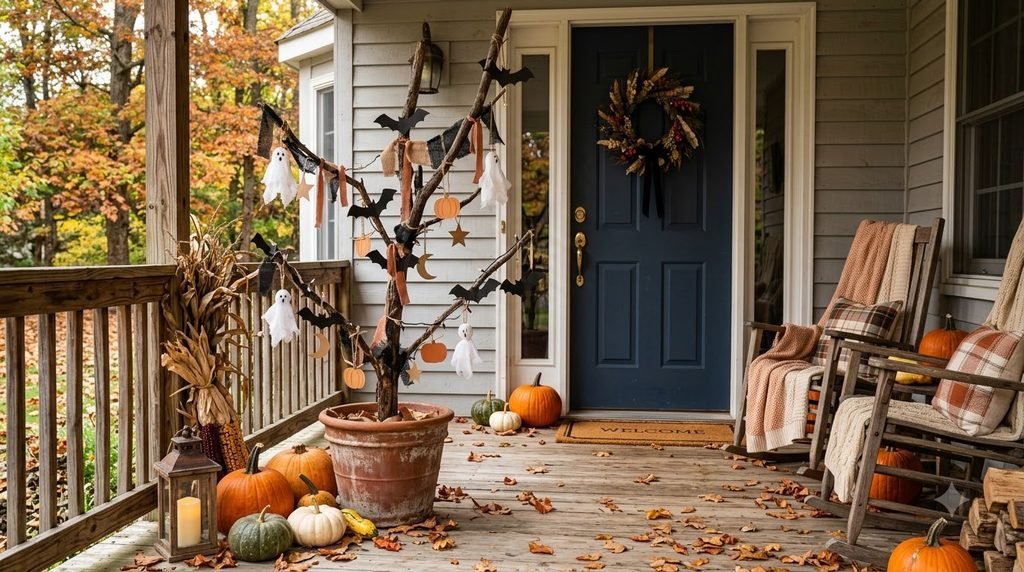 Halloween tree made from a fallen branch and handmade paper decorations