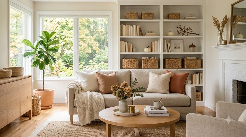 Organized living room prepared for a September fall home reset
