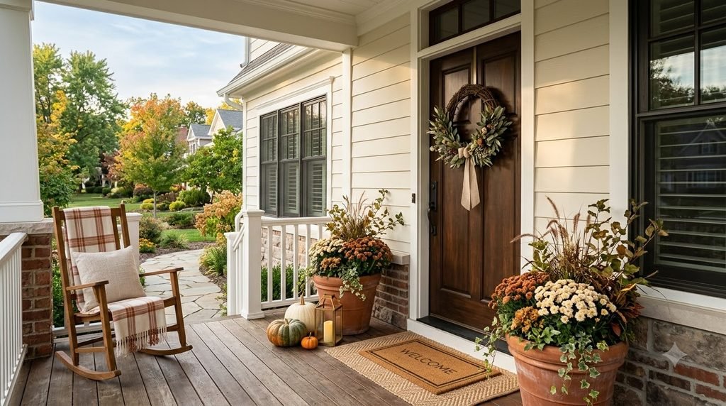 Cozy American front porch with a simple fall wreath and seasonal planters