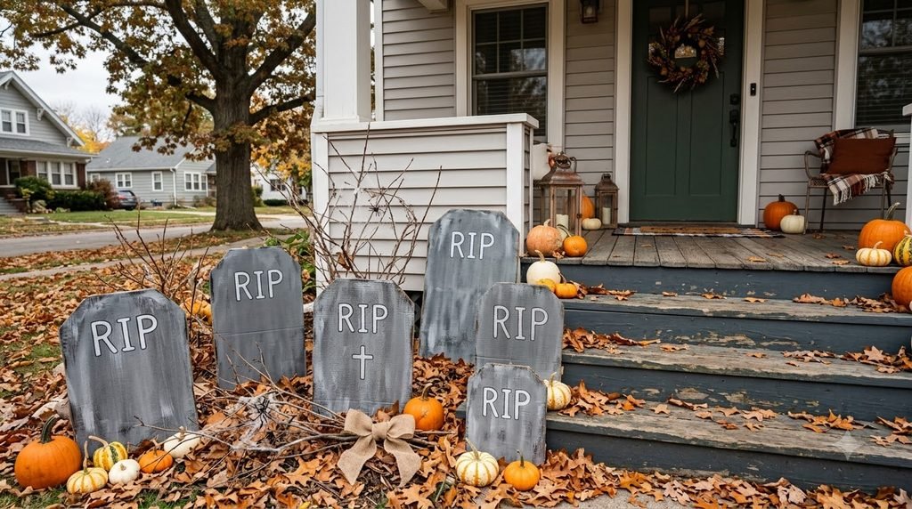 DIY Halloween tombstones made from cardboard boxes on a front porch