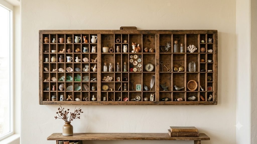 Trinket shelf displaying travel souvenirs, postcards, a seashell, and small keepsakes