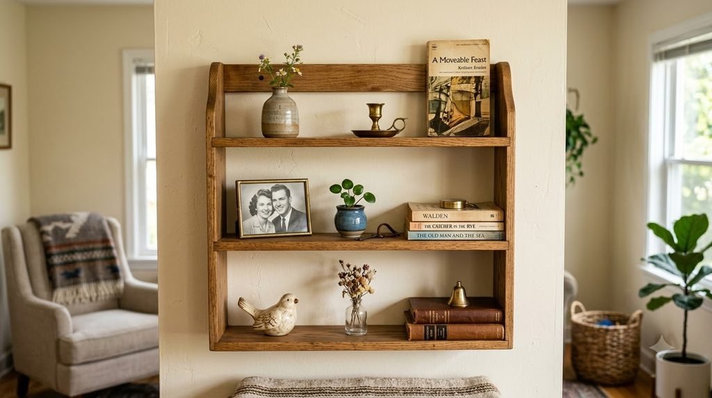 Curated vintage trinket shelf with meaningful objects, books, ceramics, and intentional empty space
