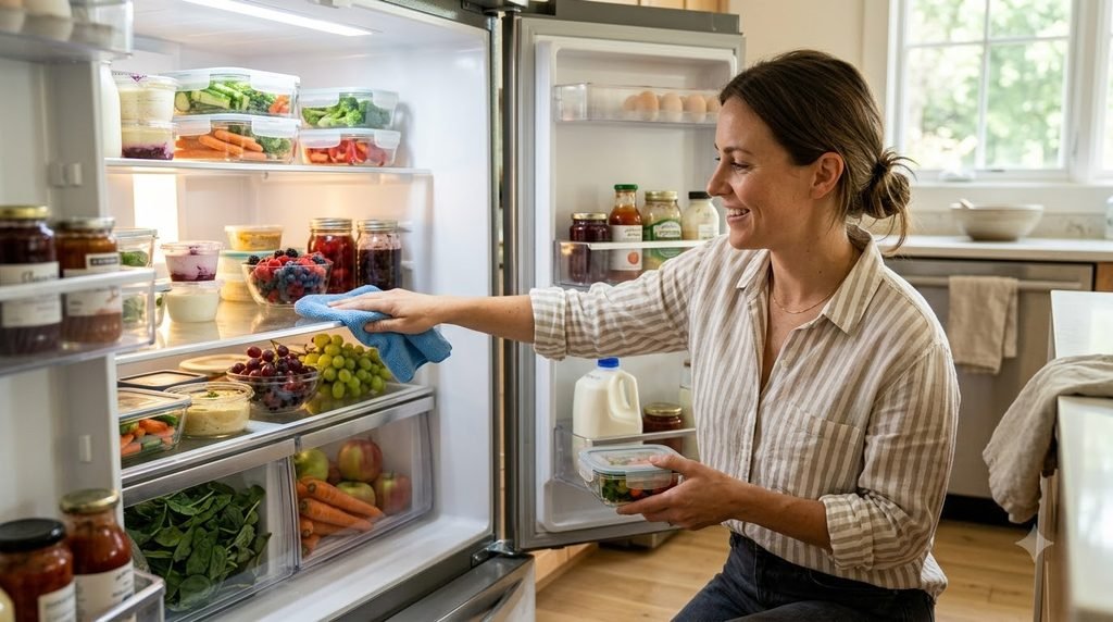 Woman cleaning and organizing a refrigerator during a kitchen reset