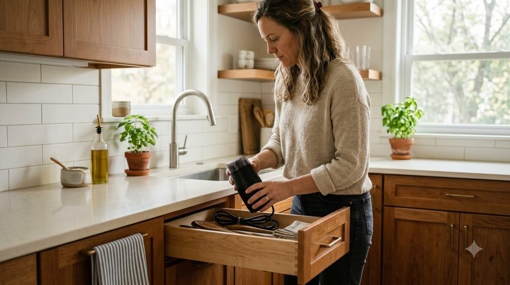 Woman clearing kitchen counters during a Sunday home reset