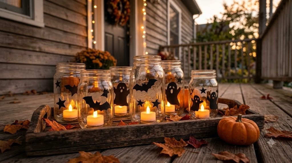 Glass jar Halloween lanterns made with battery lights and paper bats