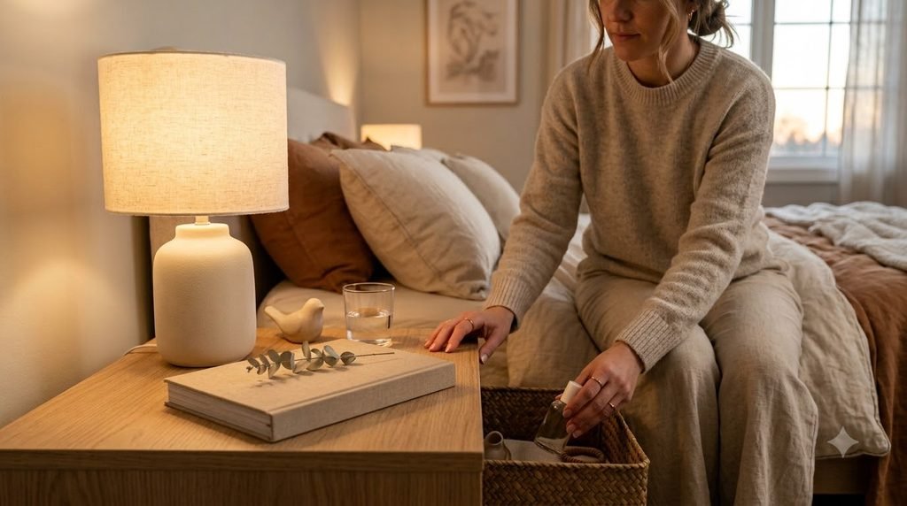 Woman clearing clutter from a bedroom nightstand
