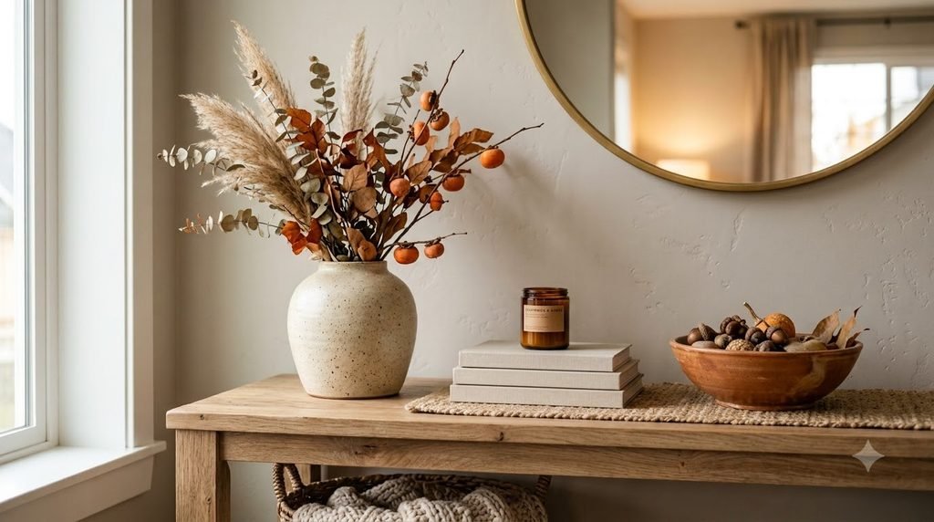 Minimal fall decor vignette with dried branches and warm terracotta accents