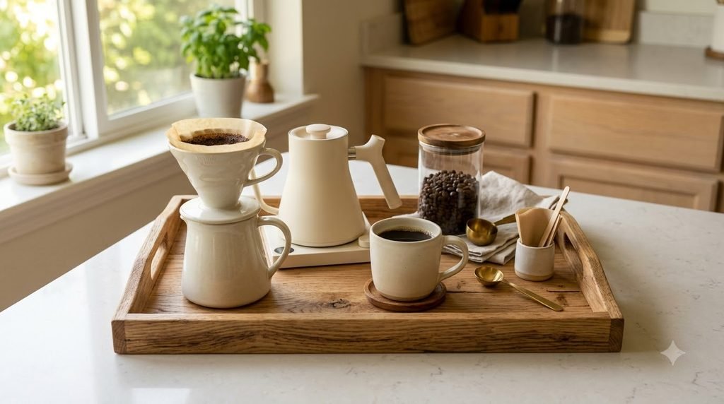 Coffee maker and everyday coffee supplies organized neatly on a tray