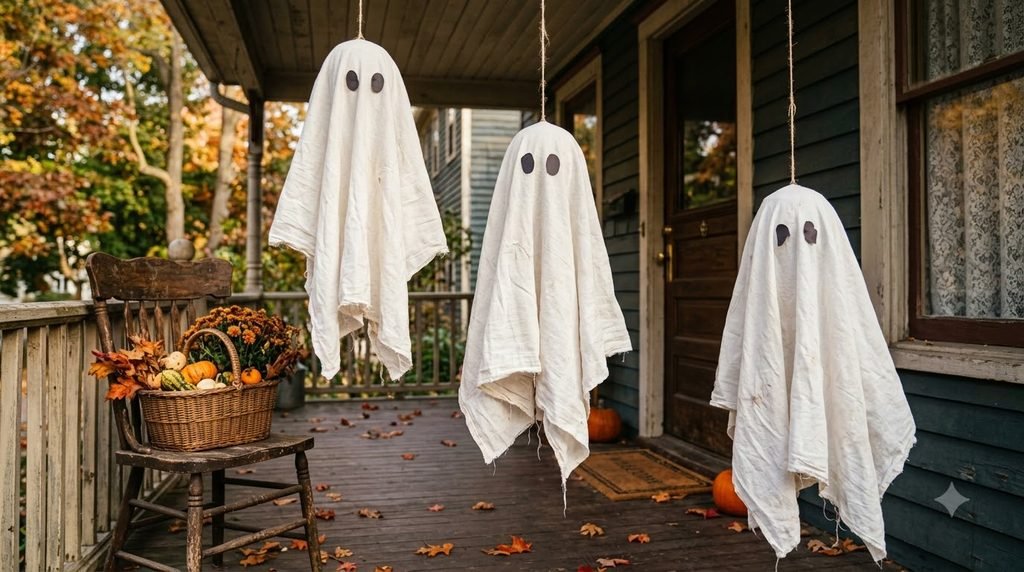 Halloween porch ghosts made from old white sheets