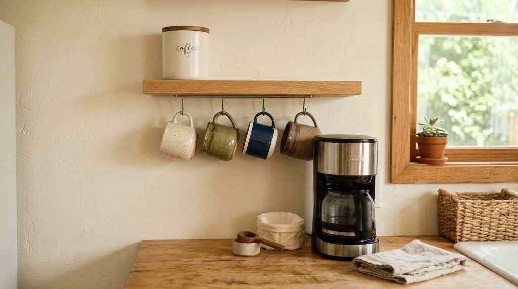 Compact mug storage using hooks beneath a shelf at a small kitchen coffee station