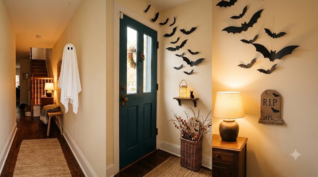 Small porch Halloween decor using hanging ghosts, paper bats and a jar lantern