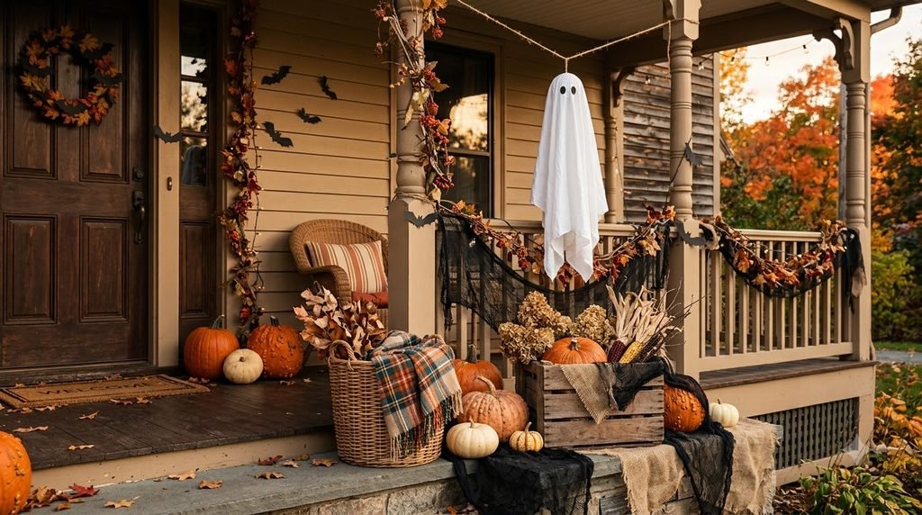Fall porch decor repurposed with handmade Halloween accents