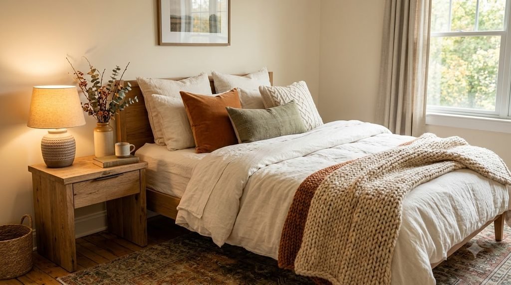 Cozy fall bedroom with cream bedding and warm rust accents