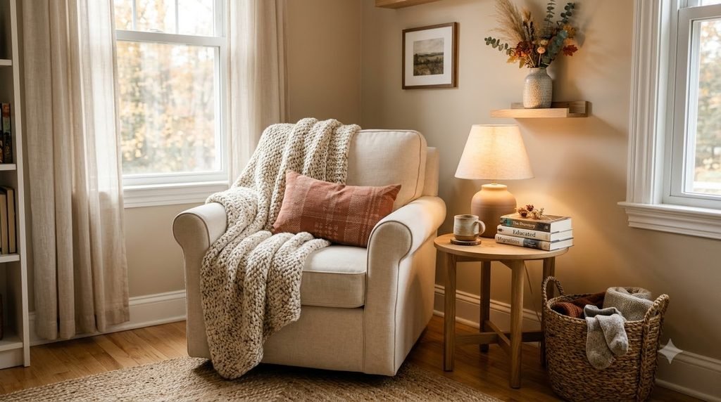 Cozy fall reading corner with an armchair, books and warm lighting