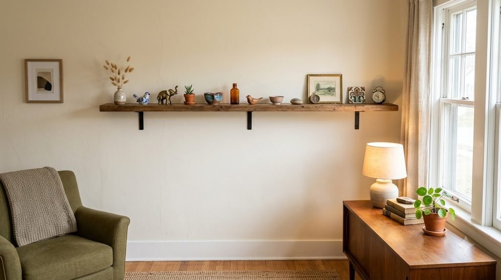 Favorite collectible pieces arranged with space between them on a home shelf