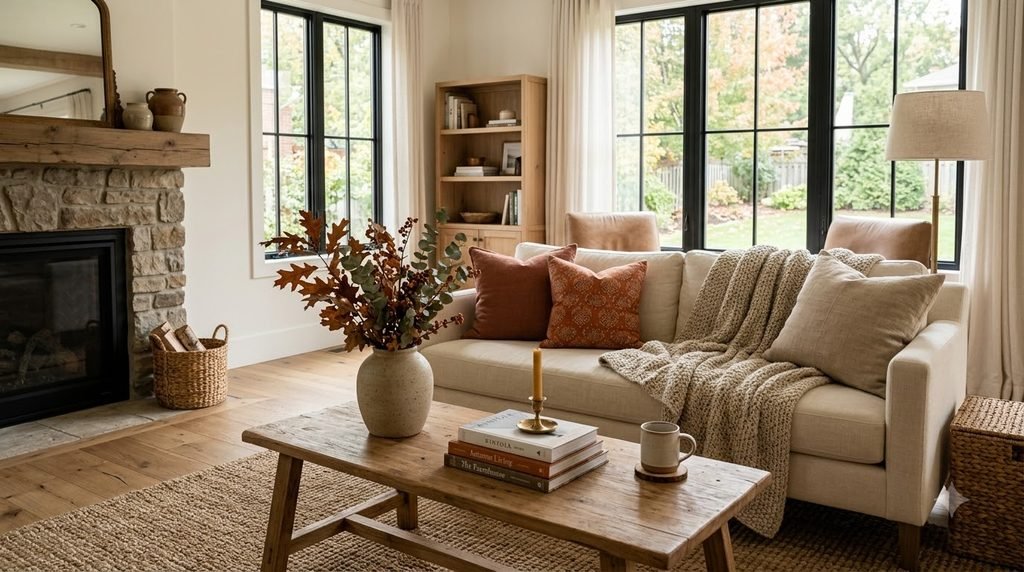 Cozy fall living room with warm neutral textiles and terracotta accents