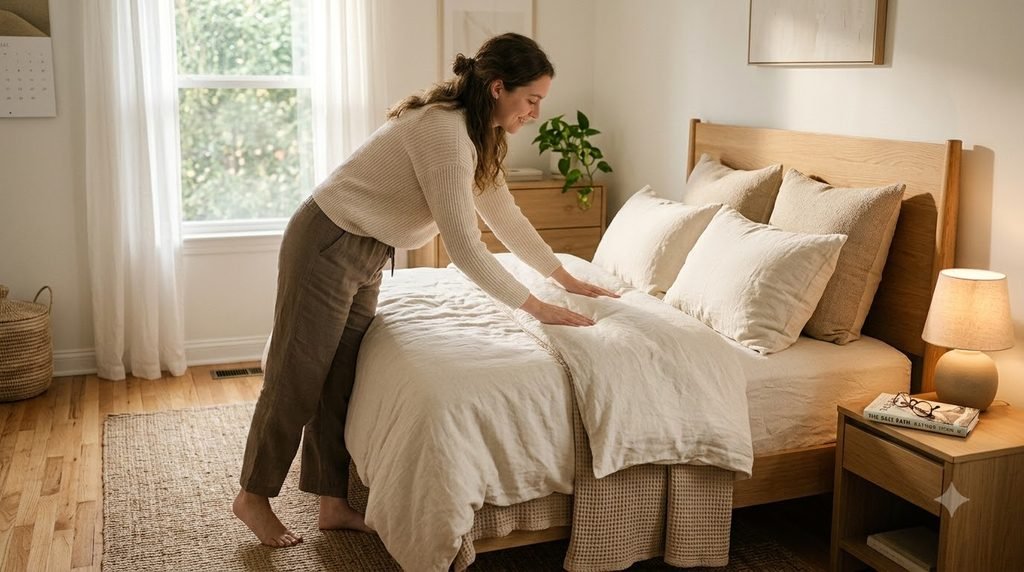 Woman making the bed during a Sunday bedroom reset