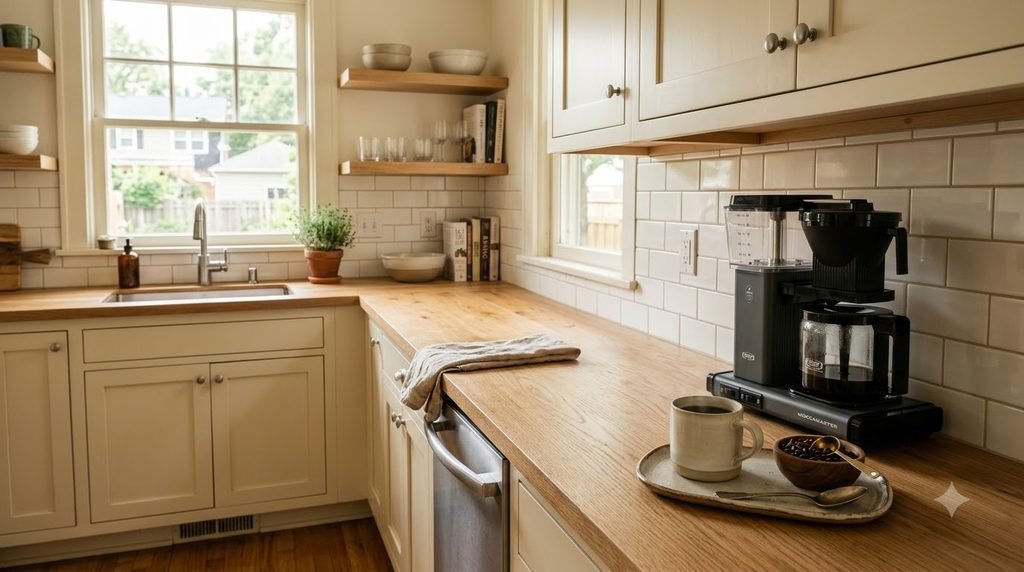 Defined coffee zone on a small kitchen counter with coffee maker and everyday supplies