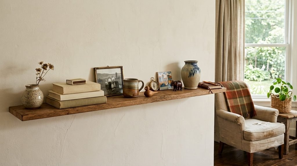 Curated collection of ceramics, books, souvenirs, and keepsakes displayed neatly on a shelf