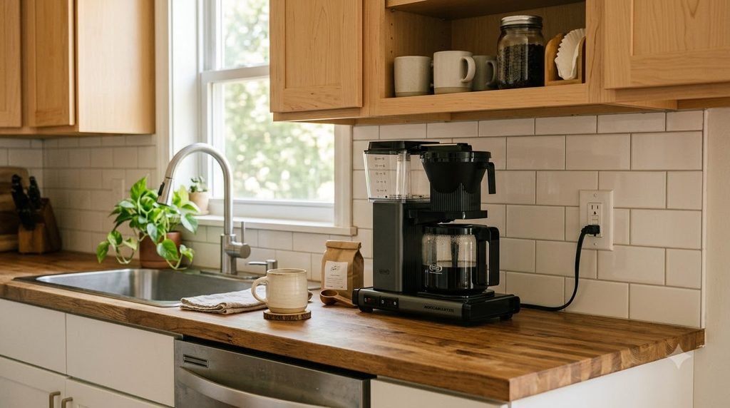 Practical coffee maker placement near an outlet with accessible kitchen workspace