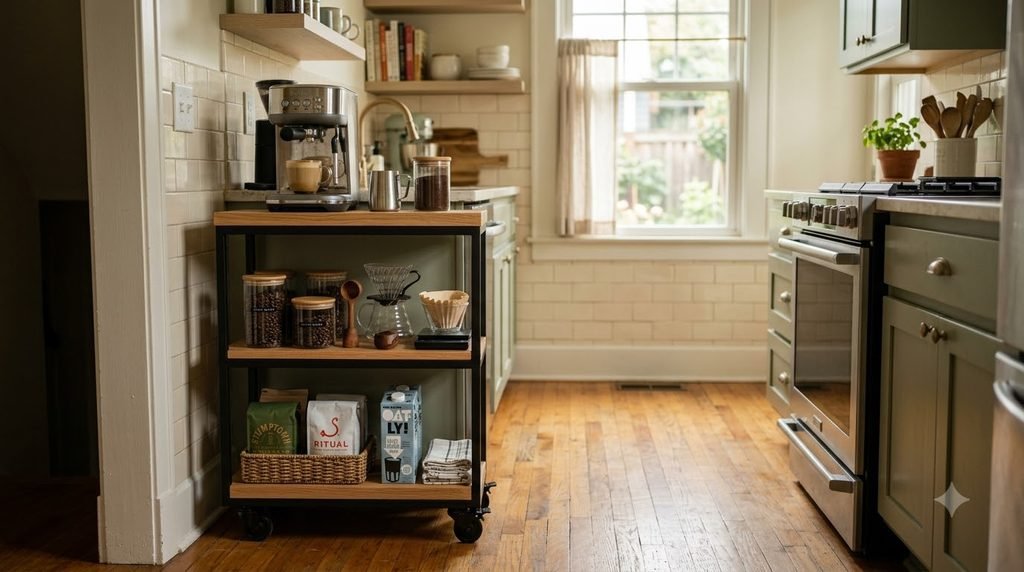 Narrow rolling coffee cart with coffee maker, mugs, and organized supplies