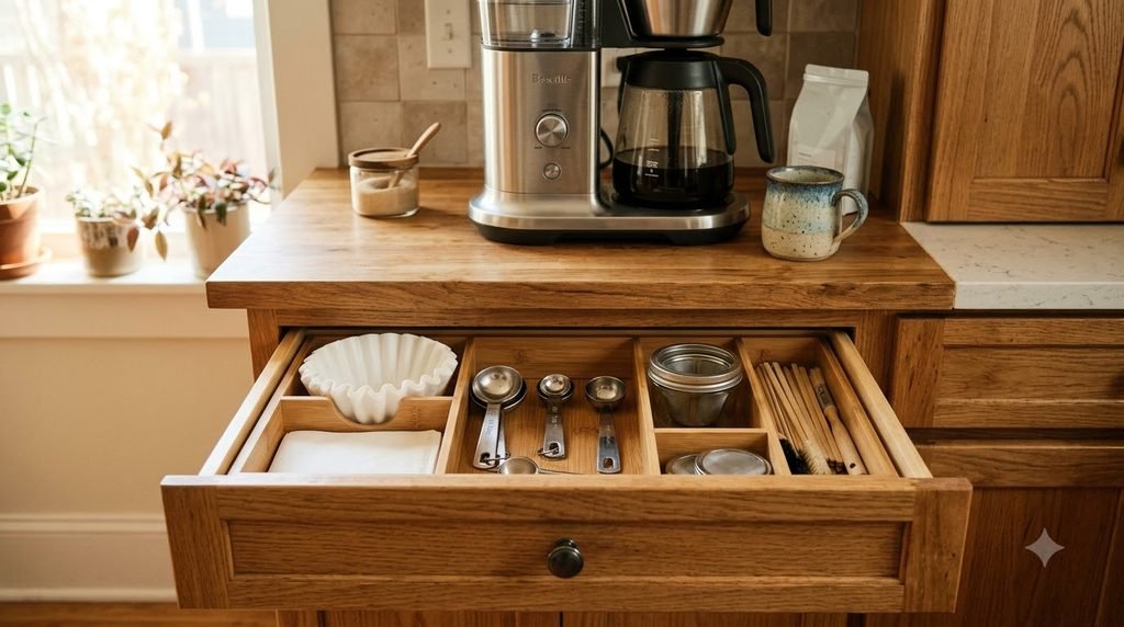 Kitchen drawer organized with coffee filters, scoops, and small coffee accessories