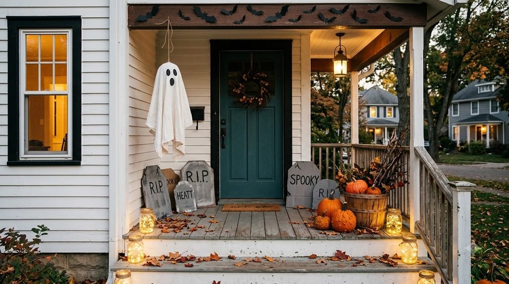 Free Halloween porch decorated with homemade ghosts, jars, cardboard tombstones and fall items