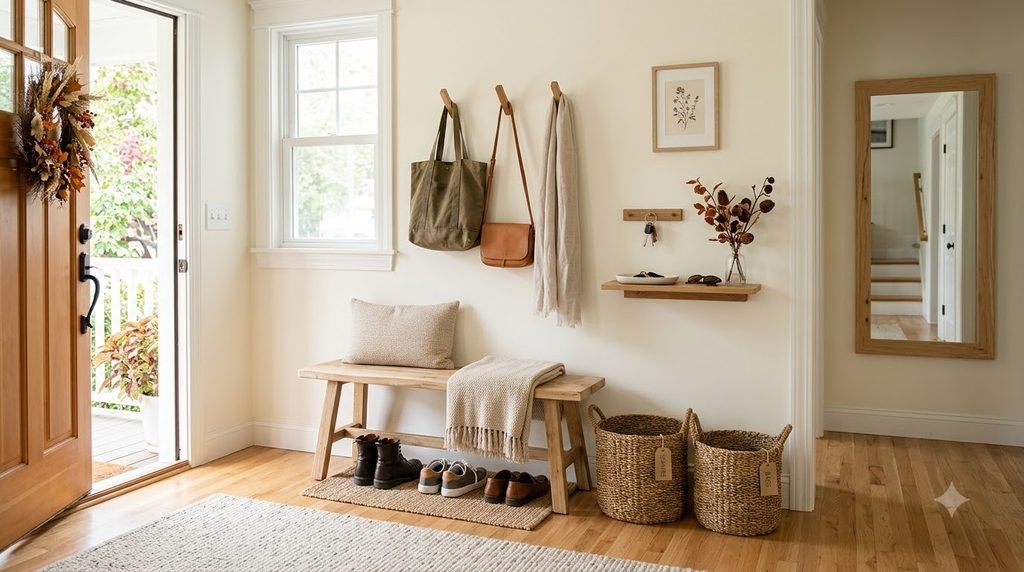 Decluttered entryway with shoes, bags and fall essentials organized