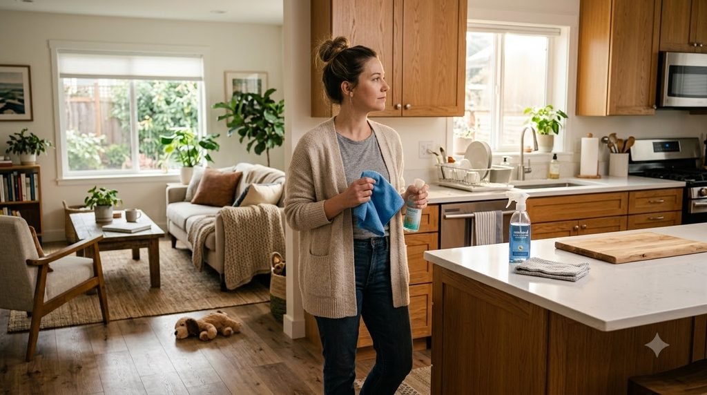 Woman cleaning a living room during a room-by-room cleaning routine