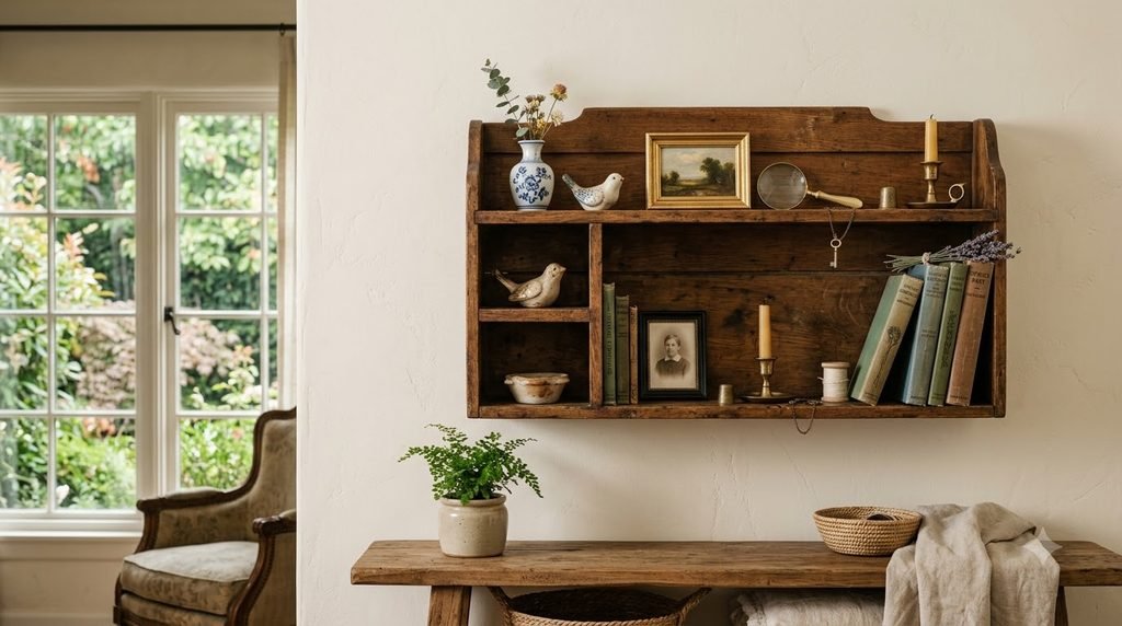 Vintage wooden trinket shelf styled with small collectibles, ceramics, books, and decorative objects