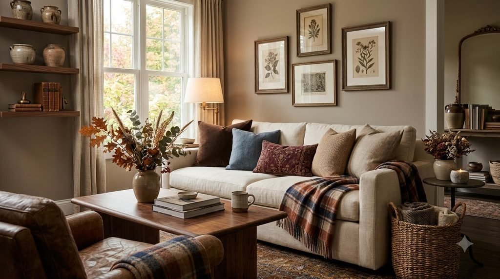 Fall home decor trends for 2026 in a warm cozy living room
