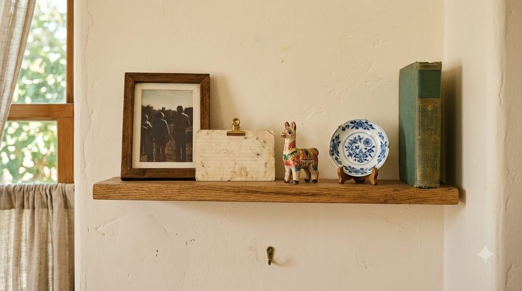 Books and vintage collectibles arranged together on an open bookshelf