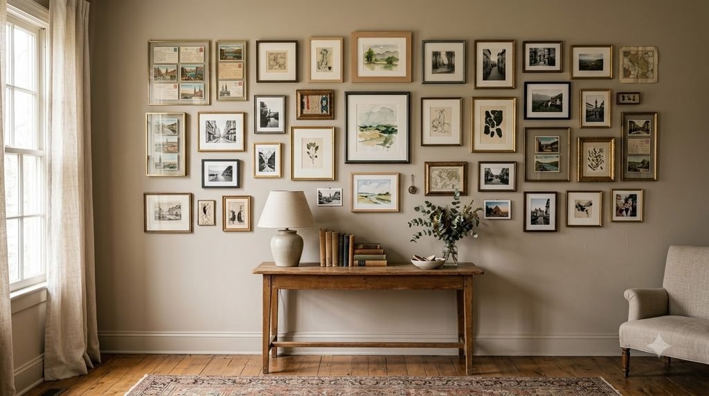Travel souvenirs and postcards arranged together on a compact wooden shelf