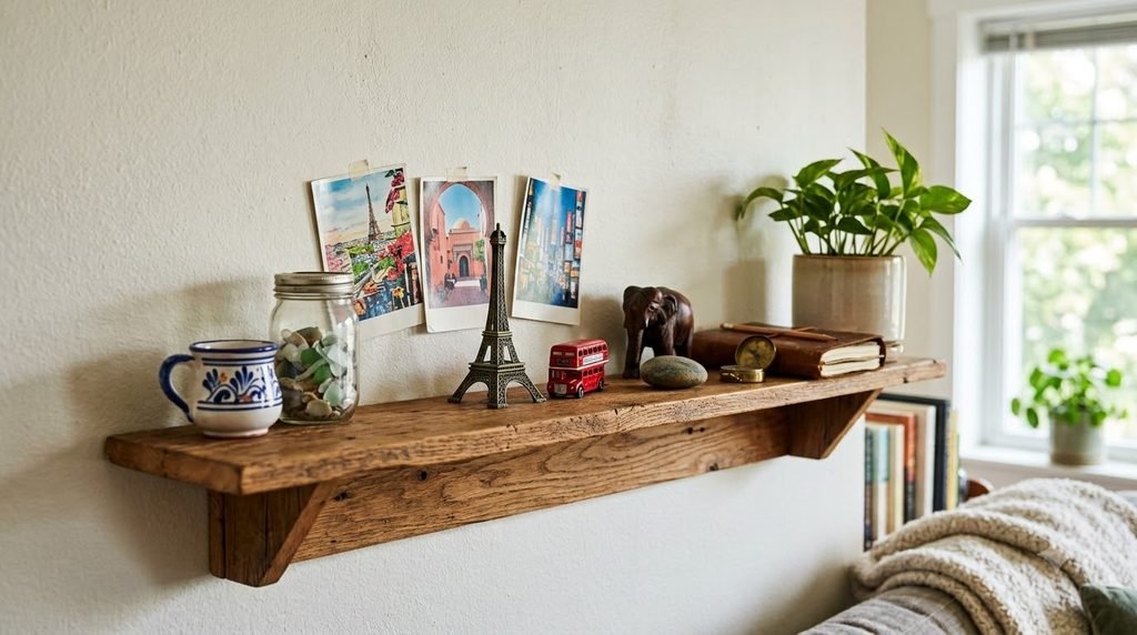 Sentimental keepsakes, framed photograph, recipe card, and ceramic displayed on a memory shelf