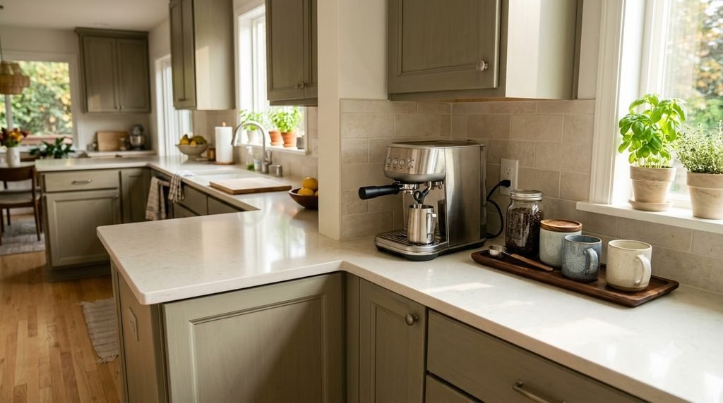 Compact coffee station using an unused corner of a small kitchen counter