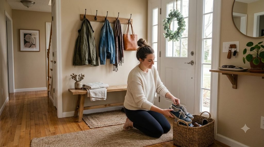 Woman organizing shoes and everyday items in the entryway