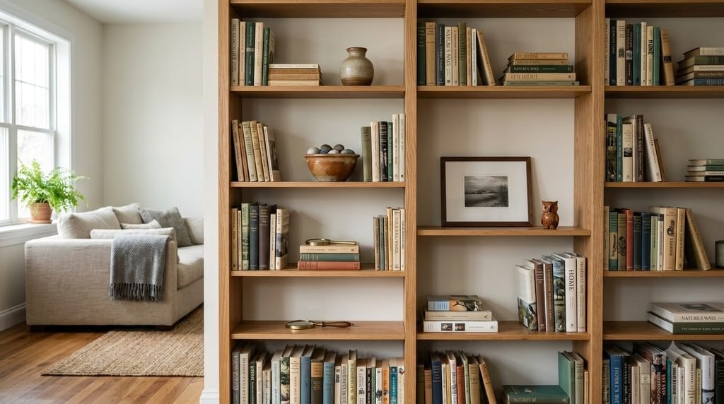 Mixed collection of decorative objects arranged by coordinated earthy colors