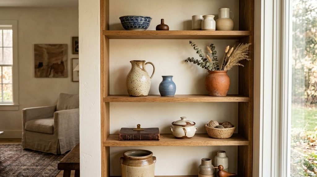 Small trinket shelf displaying miniature ceramics and vintage collectibles
