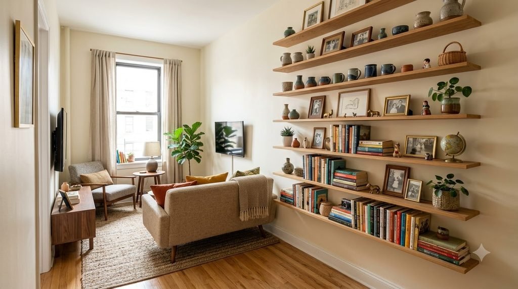 Organized entryway combining functional storage with vintage decorative collection pieces