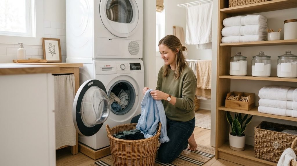 Woman organizing laundry during a weekly home reset