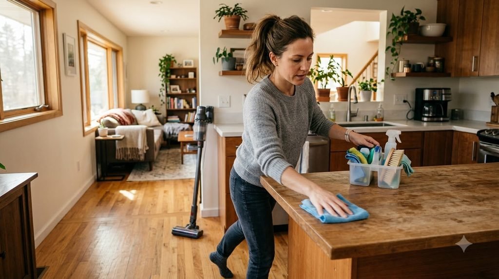 Woman completing a quick 30-minute home cleaning reset