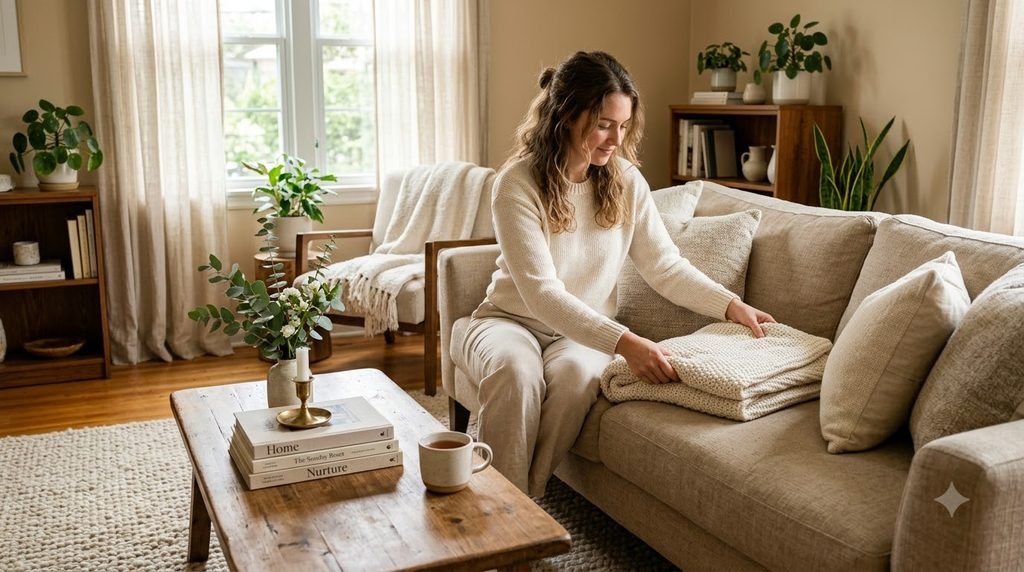 Woman tidying a cozy living room during a Sunday reset