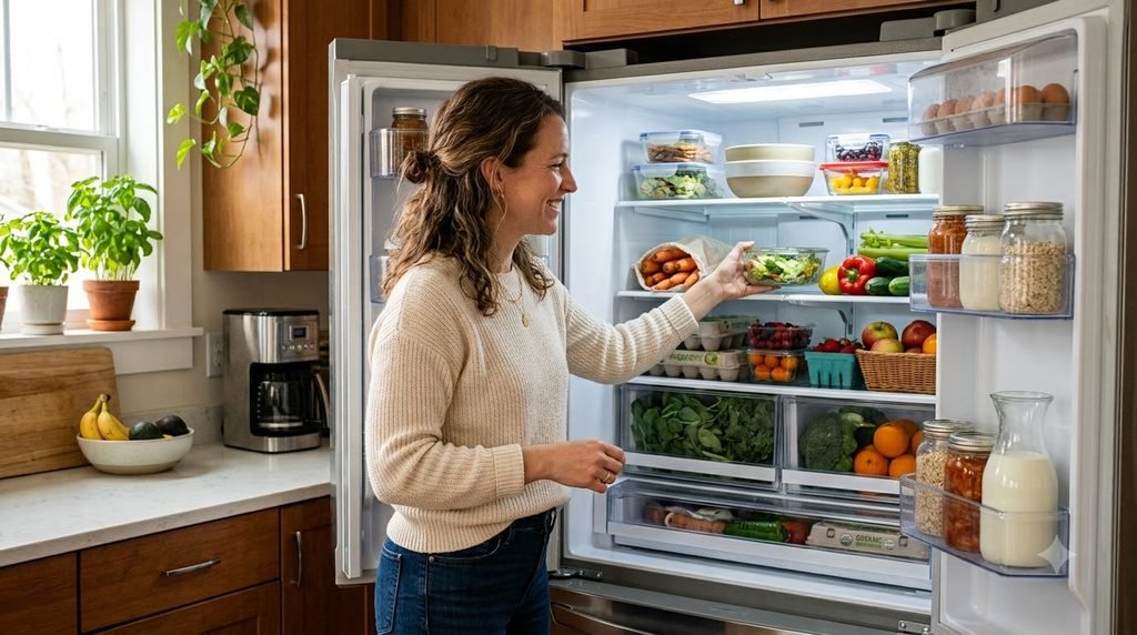 Woman checking and organizing the refrigerator on Sunday