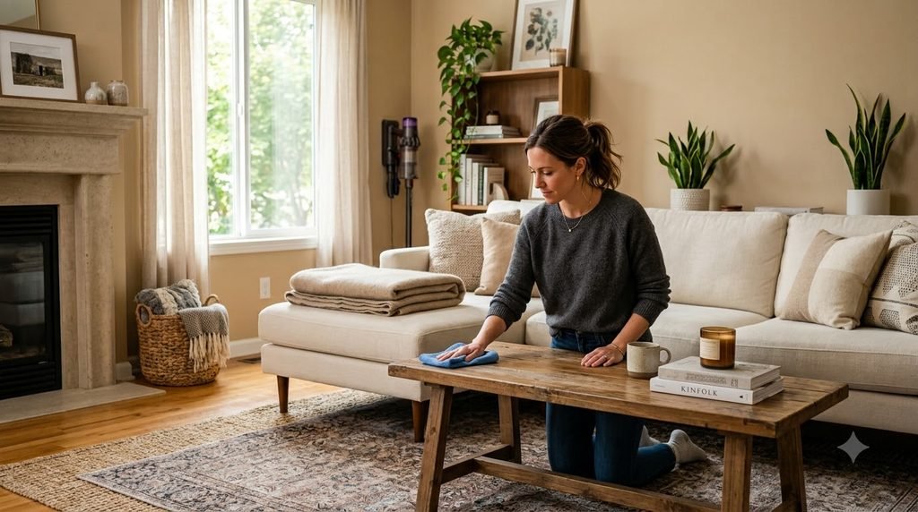 Woman planning a room-by-room cleaning routine in a bright home