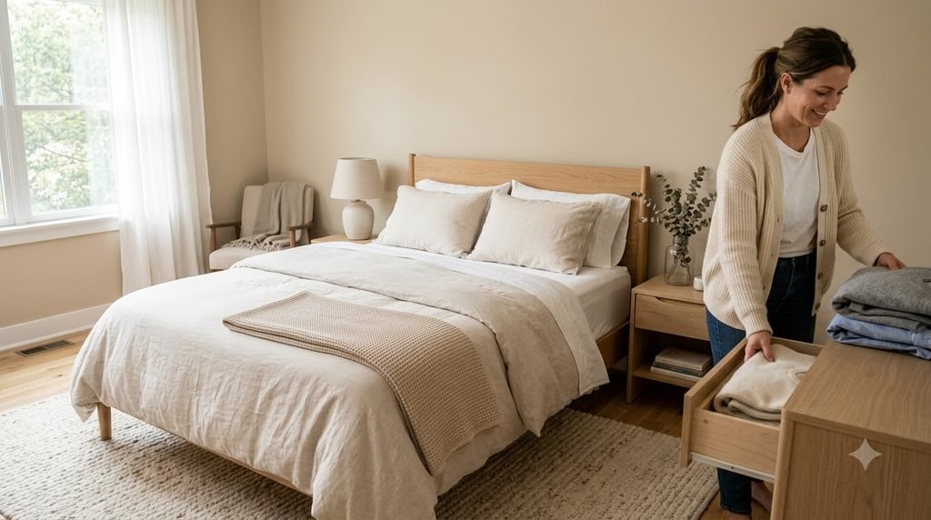 Woman making the bed during a bedroom cleaning routine