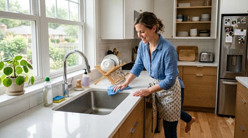 Woman wiping kitchen counters during a weekly cleaning routine