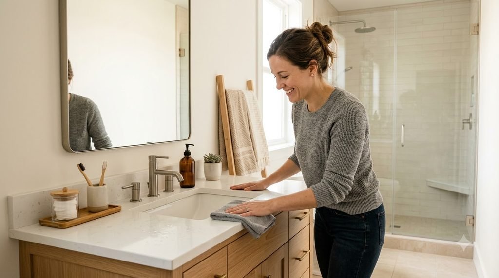 Woman cleaning a bathroom vanity during a whole-house cleaning routine