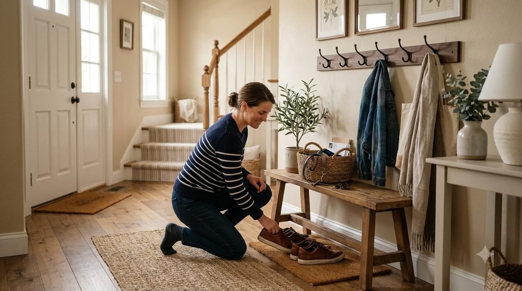 Woman organizing shoes and everyday items while cleaning an entryway