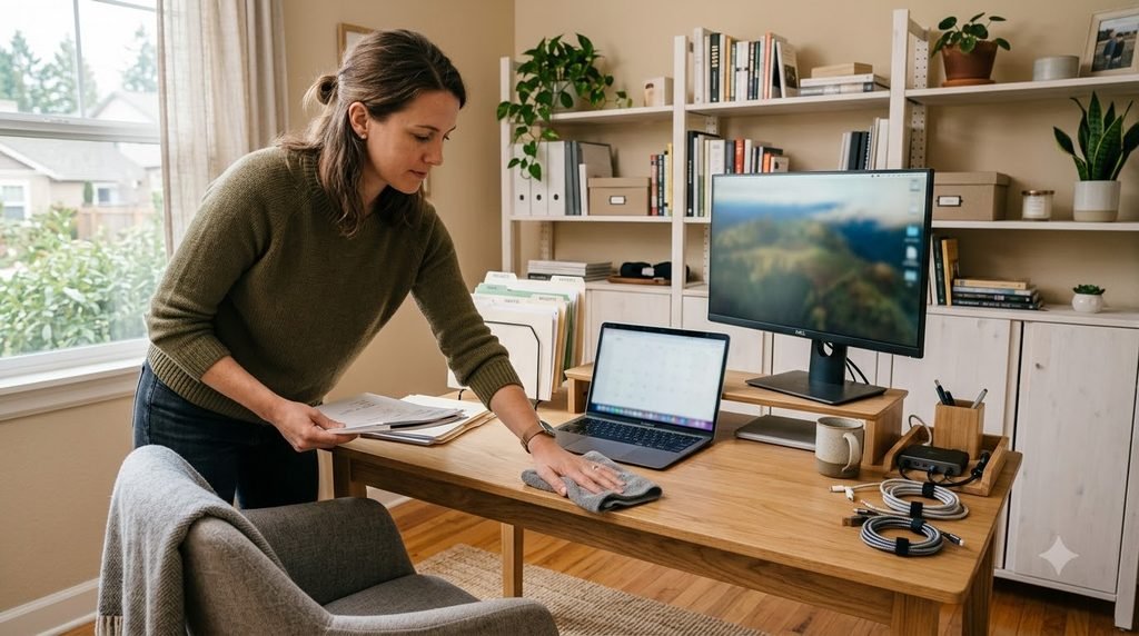 Woman cleaning and resetting a small home office